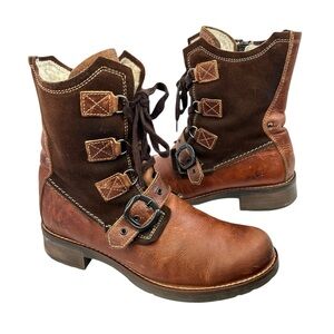 Bos & Co Burlington Brown Leather Lace-Up Boots Sz 41 us 10 Buckle Shearling